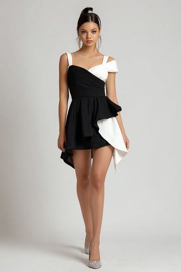 Black and White A Line Little Black Dress with Ruffles